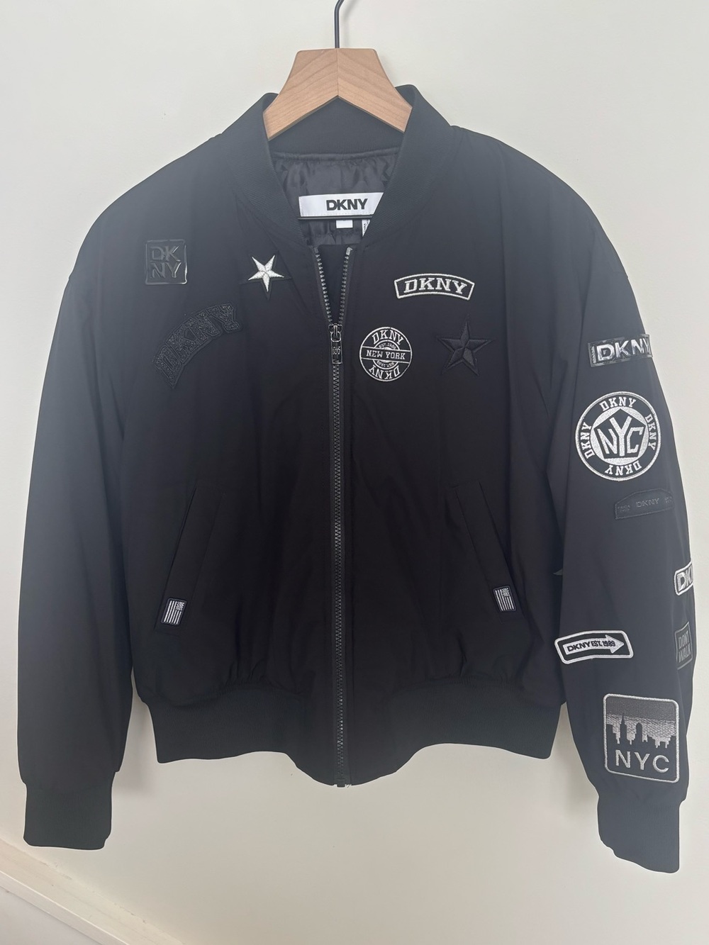DKNY Black Bomber Jacket with Branded Patch Details